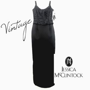 Nwt Vintage Jessica McClintock Black Matte Satin Gown  Rhinestone Trim B…